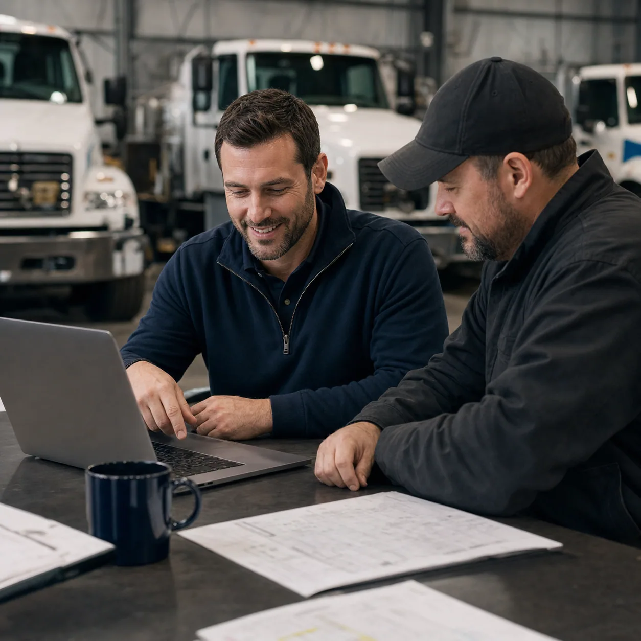 A Flext team member working alongside a fleet operator in a vehicle service facility