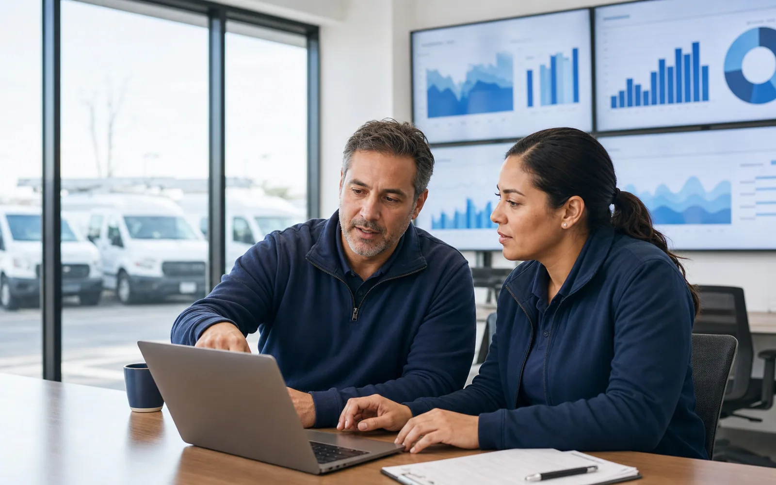 Fleet managers reviewing driver scorecard trends together